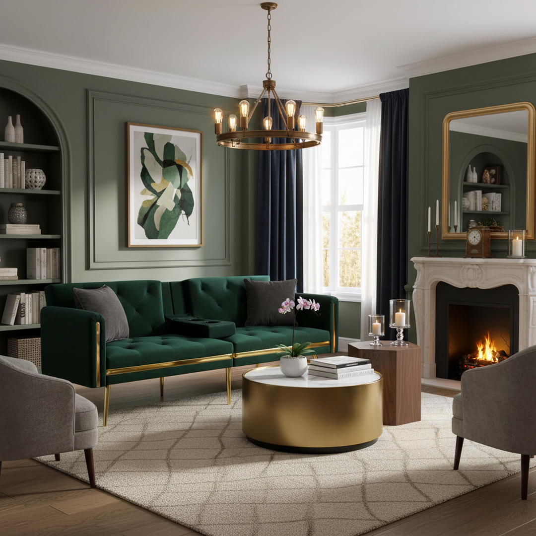 Green tufted velvet 2-seater sofa bed with adjustable backrest and hidden cup holders golden accent HYDROPON