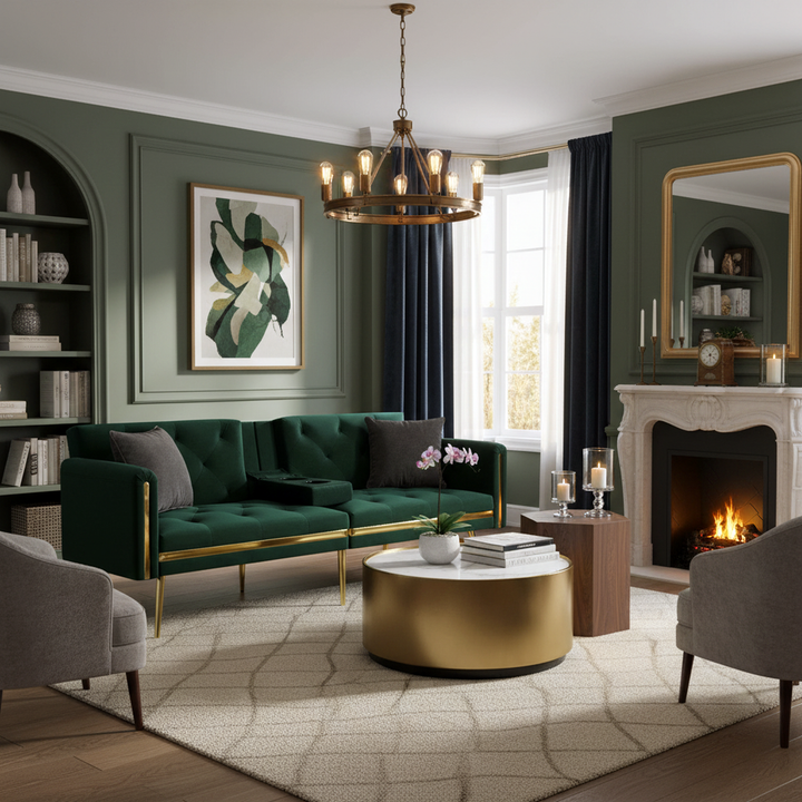 Green tufted velvet 2-seater sofa bed with adjustable backrest and hidden cup holders golden accent HYDROPON