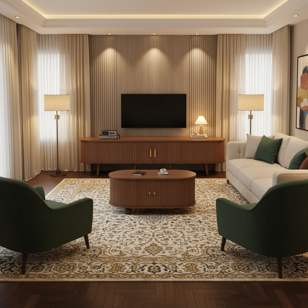 Retro walnut oval fluted TV stand with coffee table set with sliding doors MEALYBUG