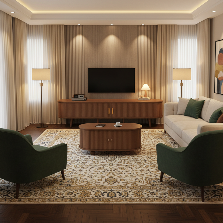 Retro walnut oval fluted TV stand with coffee table set with sliding doors MEALYBUG