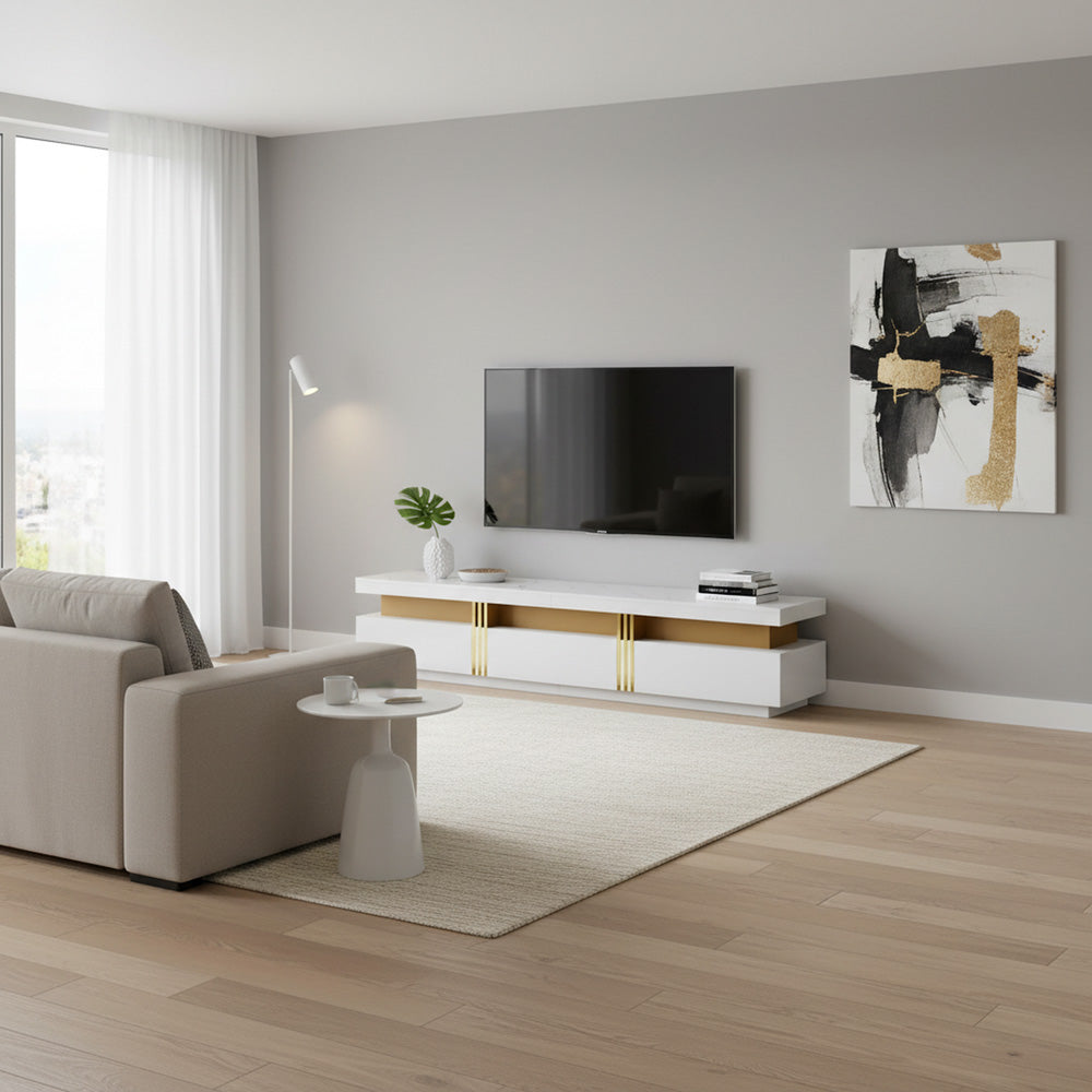 White marble pattern TV stand golden line luxury style 3 drawers VAALS UK