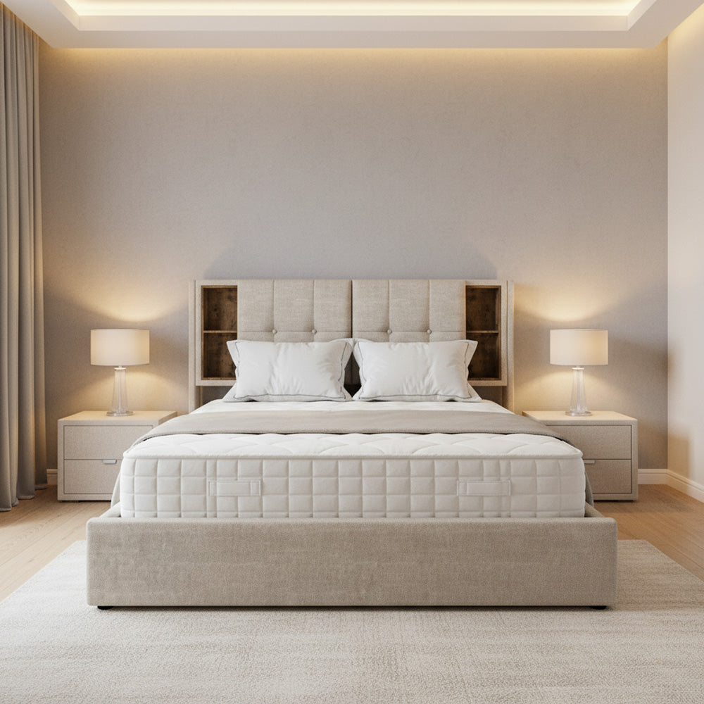 Beige linen upholstered gas lift storage double bed + wireless charging headboard OGAET BEIGE DOUBLE UK