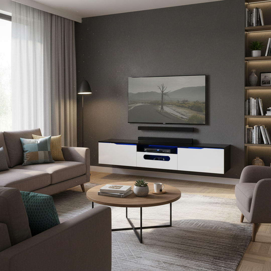 Black and white high gloss suspended TV Stand with LED lighting 180cm AMENSAL