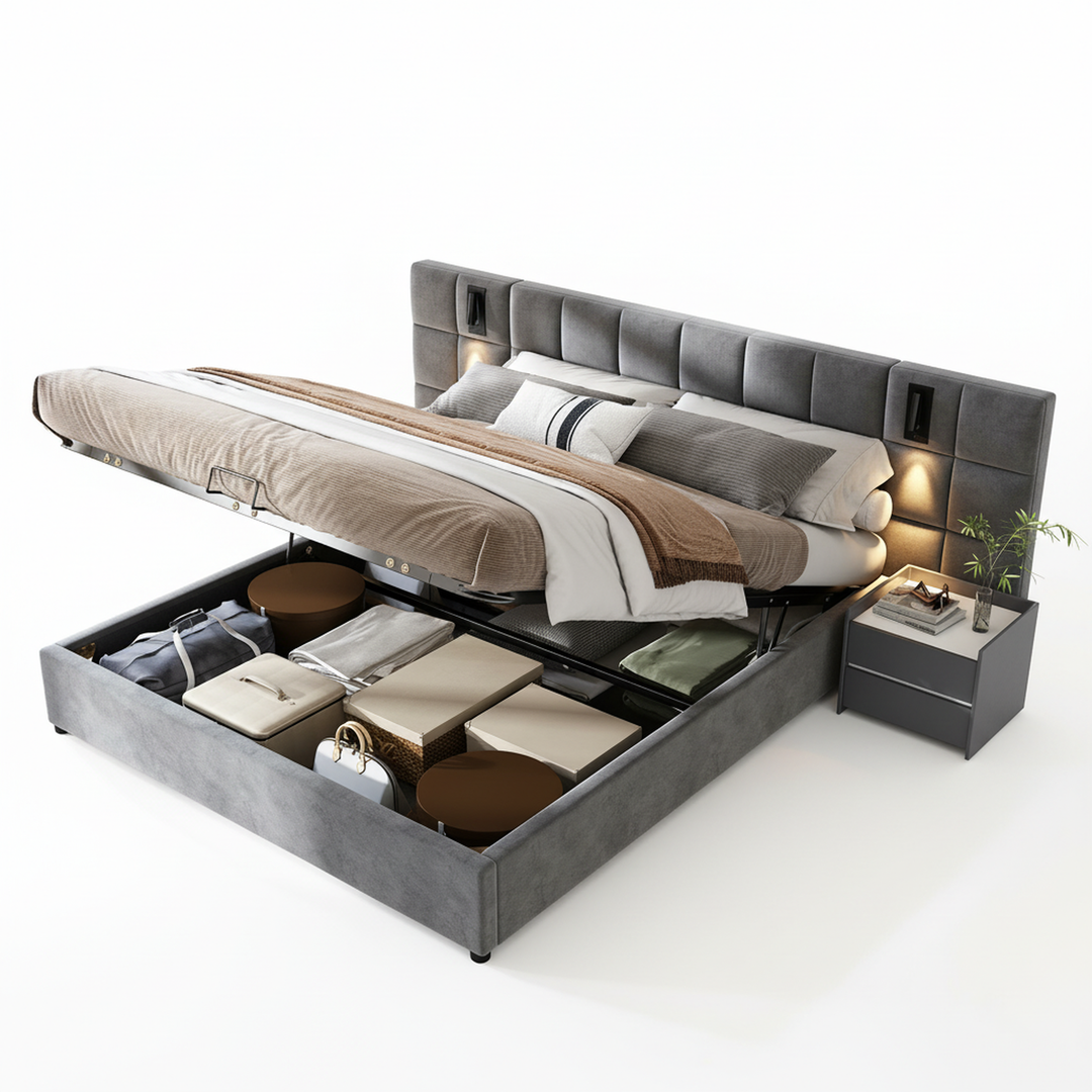 Grey velvet king size ottoman bed end opening, side lamps and charging ports (150×200cm) RECESSIVE