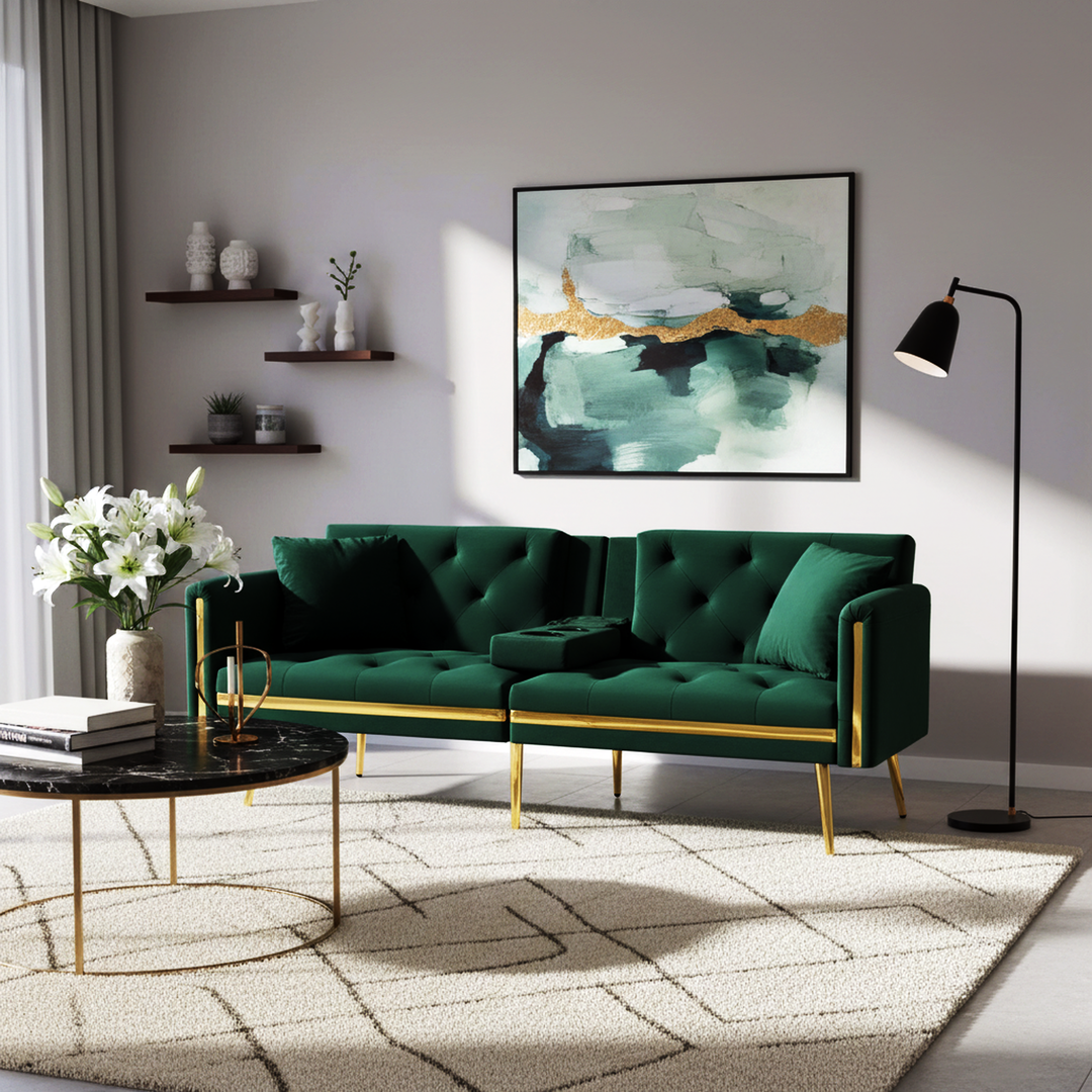 Green tufted velvet 2-seater sofa bed with adjustable backrest and hidden cup holders golden accent HYDROPON