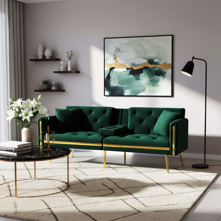 Green tufted velvet 2-seater sofa bed with adjustable backrest and hidden cup holders golden accent HYDROPON