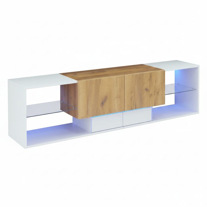 White & wood LED TV stand with 2 drawers and 5 open storage glasses shelves 160×40×42cm LIVERWORTLOBE