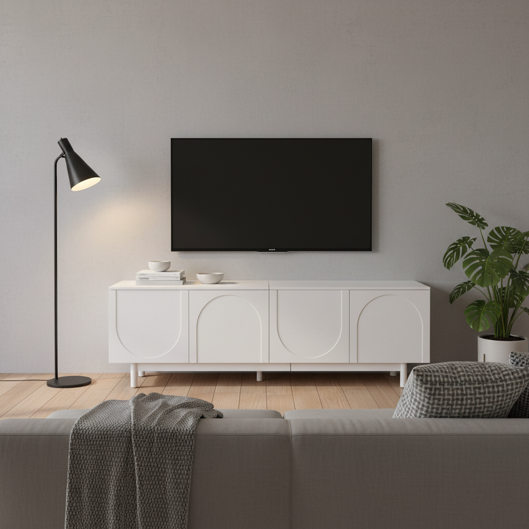Modern white TV cabinet with 4 push-to-open storage doors RCEPTOR