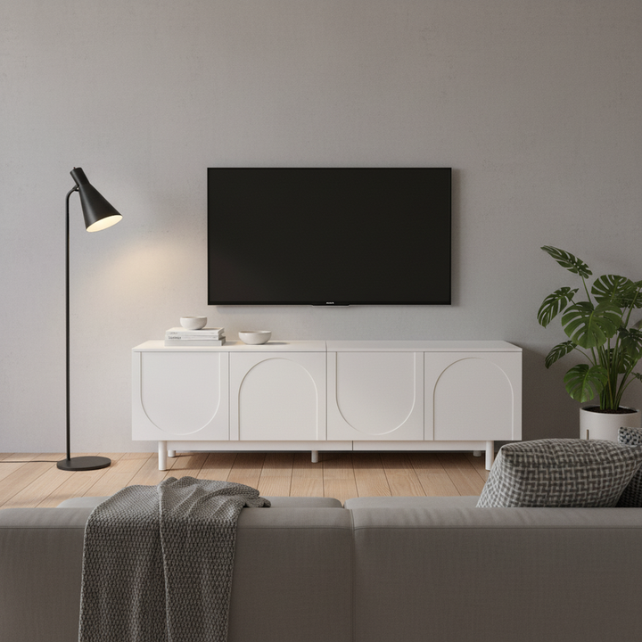Modern white TV cabinet with 4 push-to-open storage doors RCEPTOR