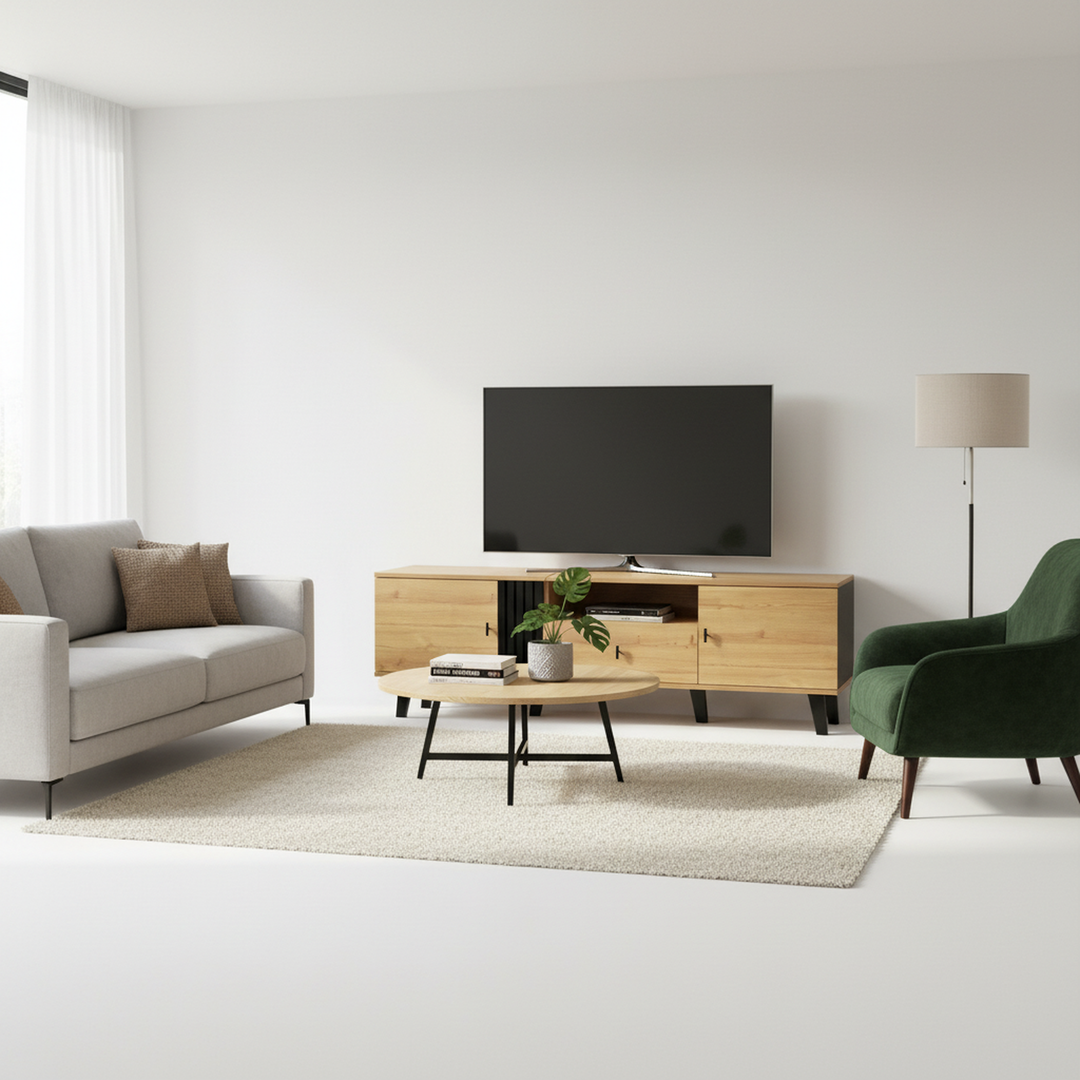 Modern wooden TV cabinet with drawer 2 doors with black slatted design SEEDLING