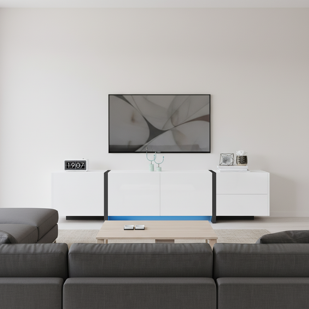 High gloss black &amp; white TV cabinet with LED and versatile storage BLADE