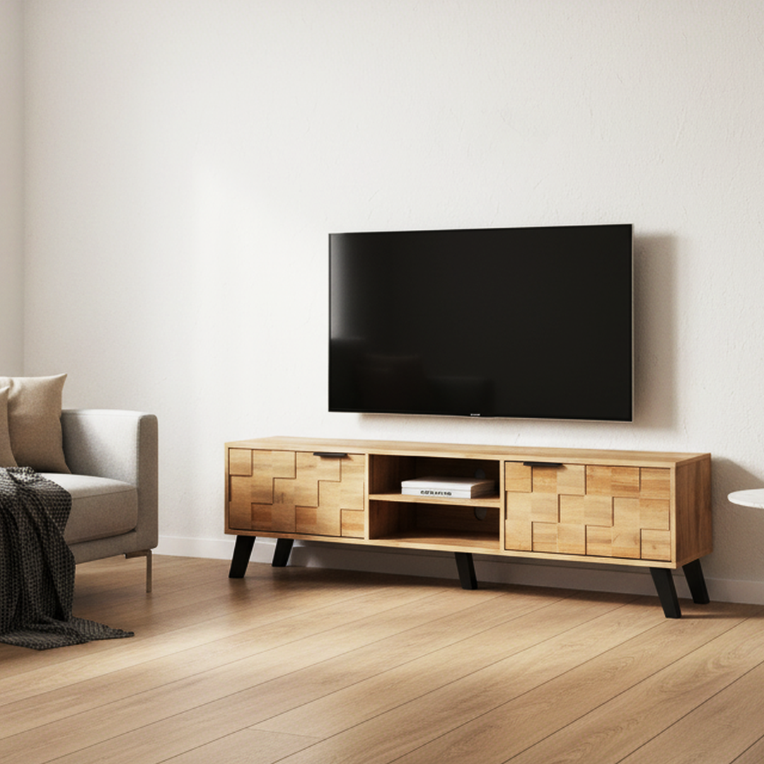 Vintage wood look TV stand with 2 doors and open shelves DECOMPOS