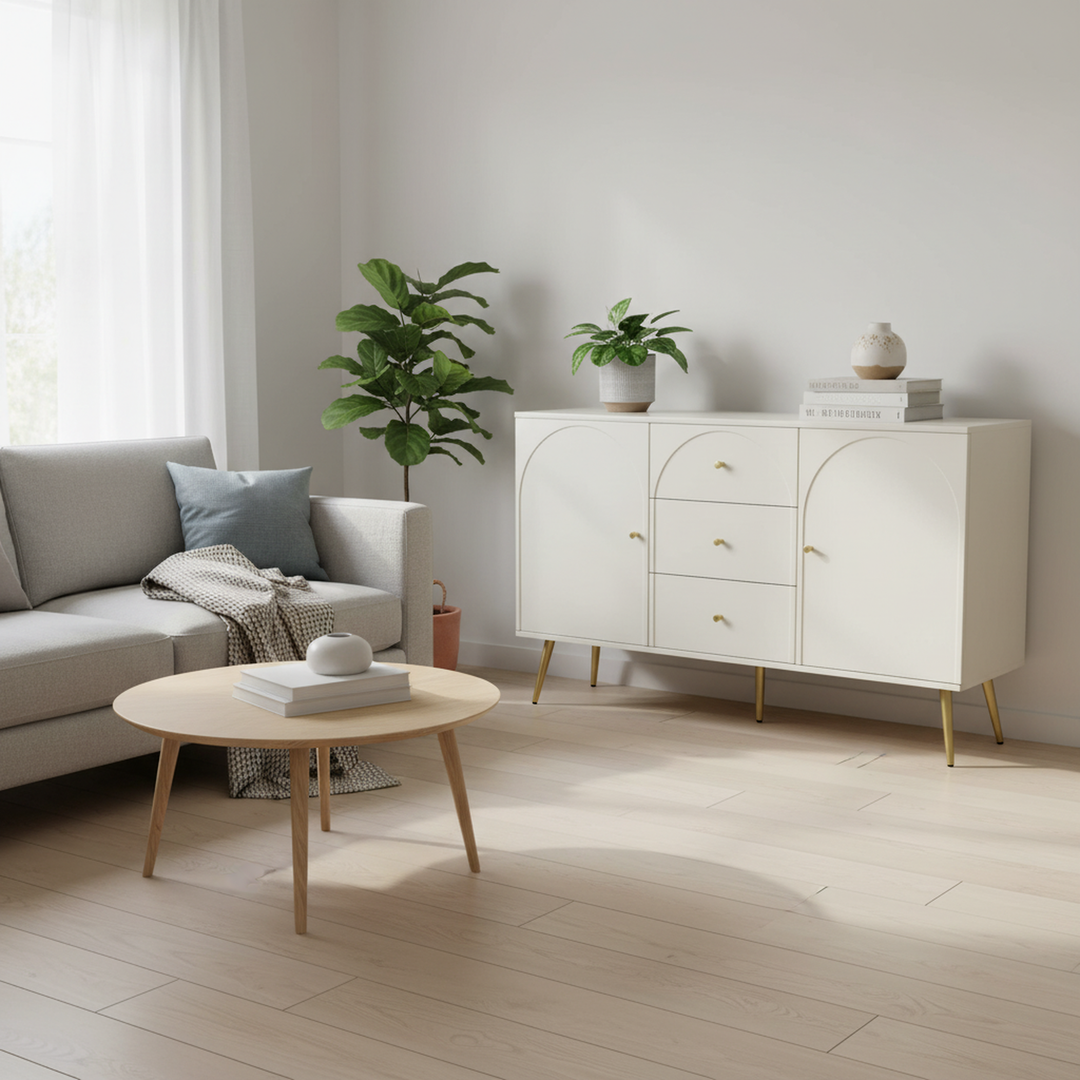 Cream ivory sideboard with gold accents with 2 doors and 3 drawers 40Dx140Wx84Hcm SENPHOS UK