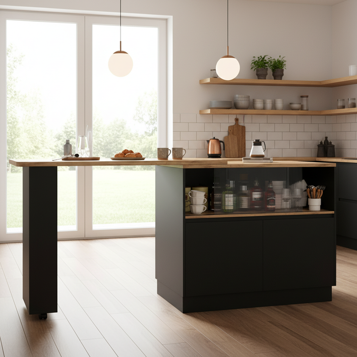 Black versatile 360° revolving dining bar table with sliding fluted glass doors GHENS BLACK UK