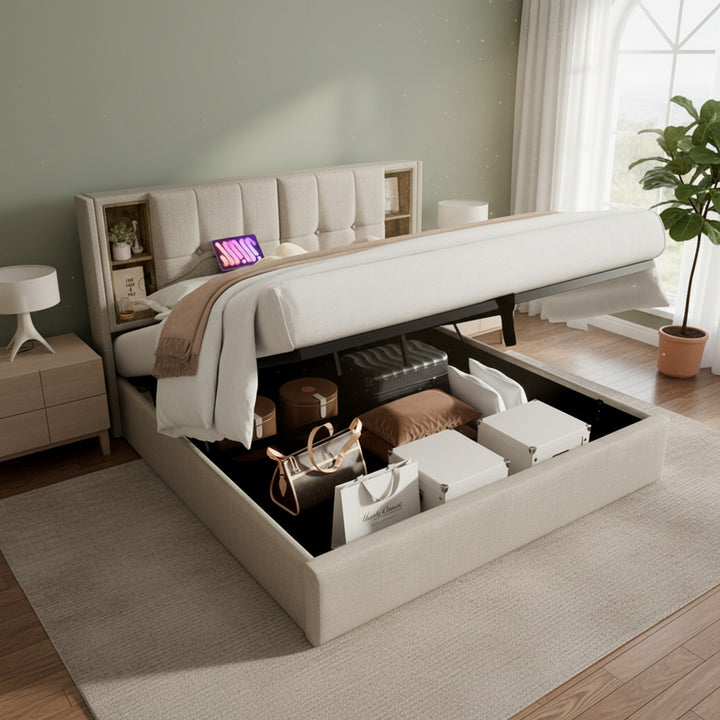 Beige linen upholstered gas lift storage double bed + wireless charging headboard OGAET BEIGE DOUBLE UK