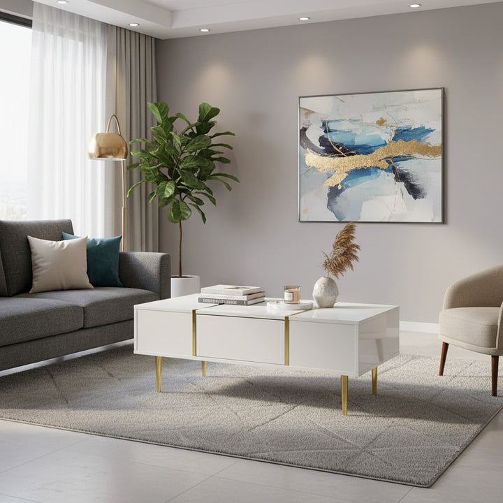 White high-gloss coffee table gold accents GUKTEKS UK