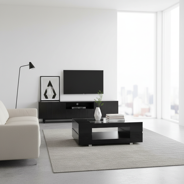 Black hollow LED coffee table with open storage and glass top 100×50×35cm SEAHORSETAIL