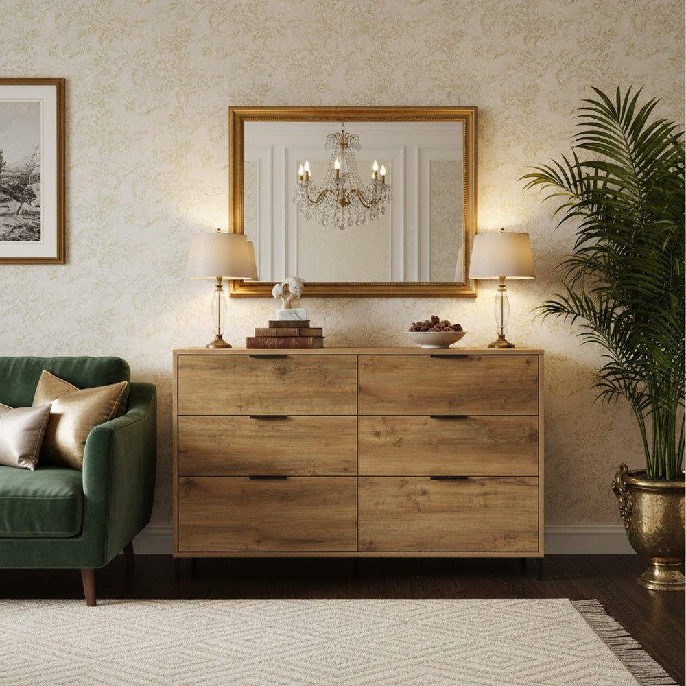 Dark oak wooden sideboard cabinet 6 drawers 120*40*76cm VANZEIDS UK