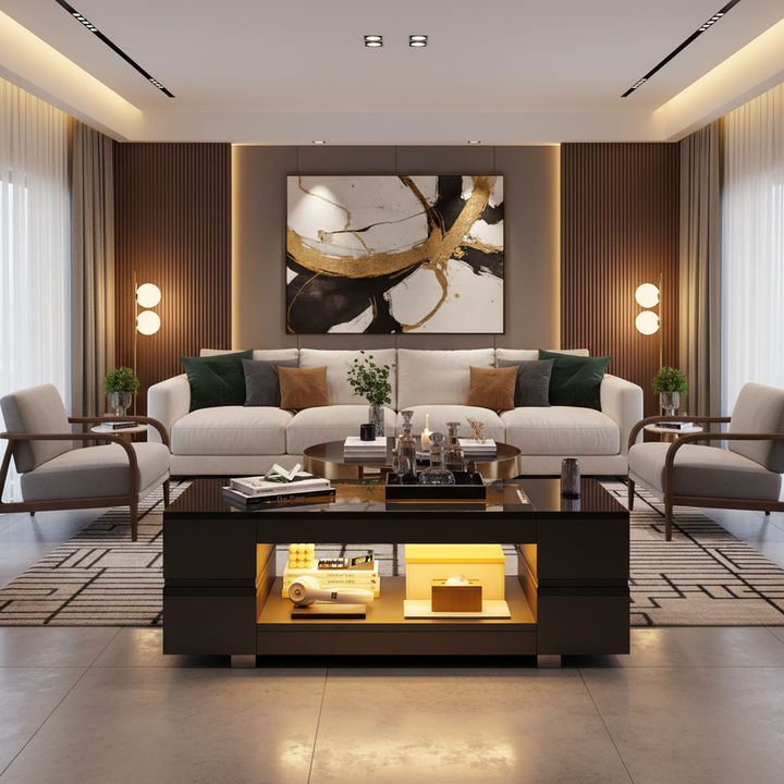 Black hollow LED coffee table with open storage and glass top 100×50×35cm SEAHORSETAIL