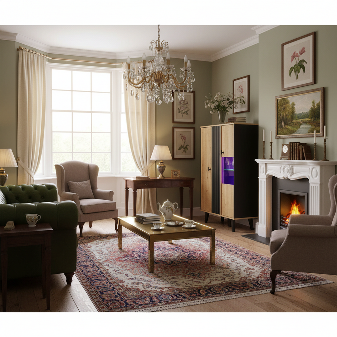 00+Sideboard black & wood with LED lighting and glass doors PROTONEM