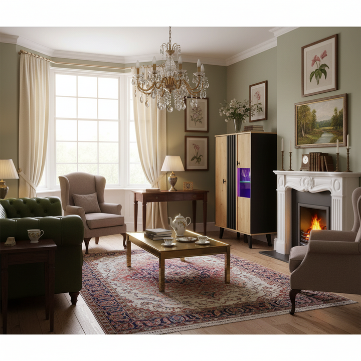 00+Sideboard black & wood with LED lighting and glass doors PROTONEM