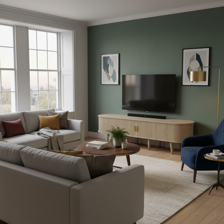 Light oak textured TV stand with 2 sliding doors and 2 drawers NANOFIB