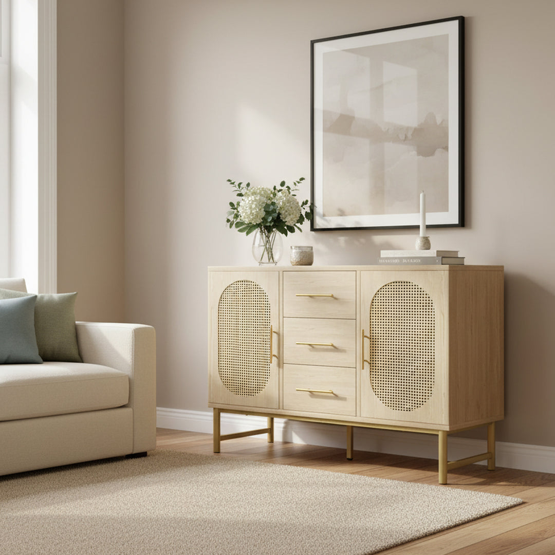 Faux rattan wood aspect sideboard 2 doors 3 drawers 120x40x74cm VIGOIH UK