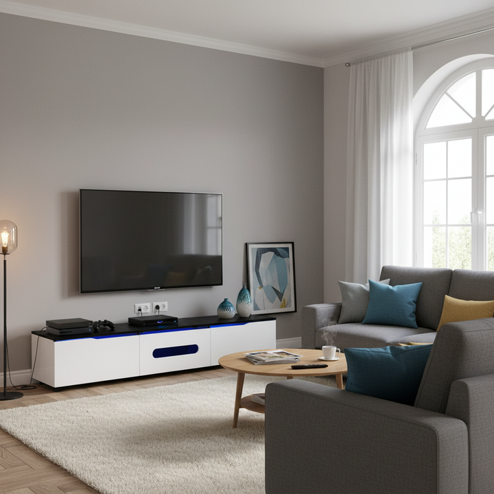 Black and white high gloss suspended TV Stand with LED lighting 180cm AMENSAL