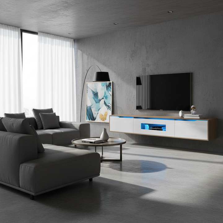 White high gloss suspended TV Stand with LED Light SHELZIDS UK
