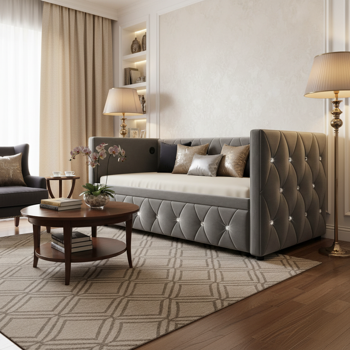 Grey velvet single upholstered guest day bed diamond design with trundle, USB charging STEKZEL GREY UK