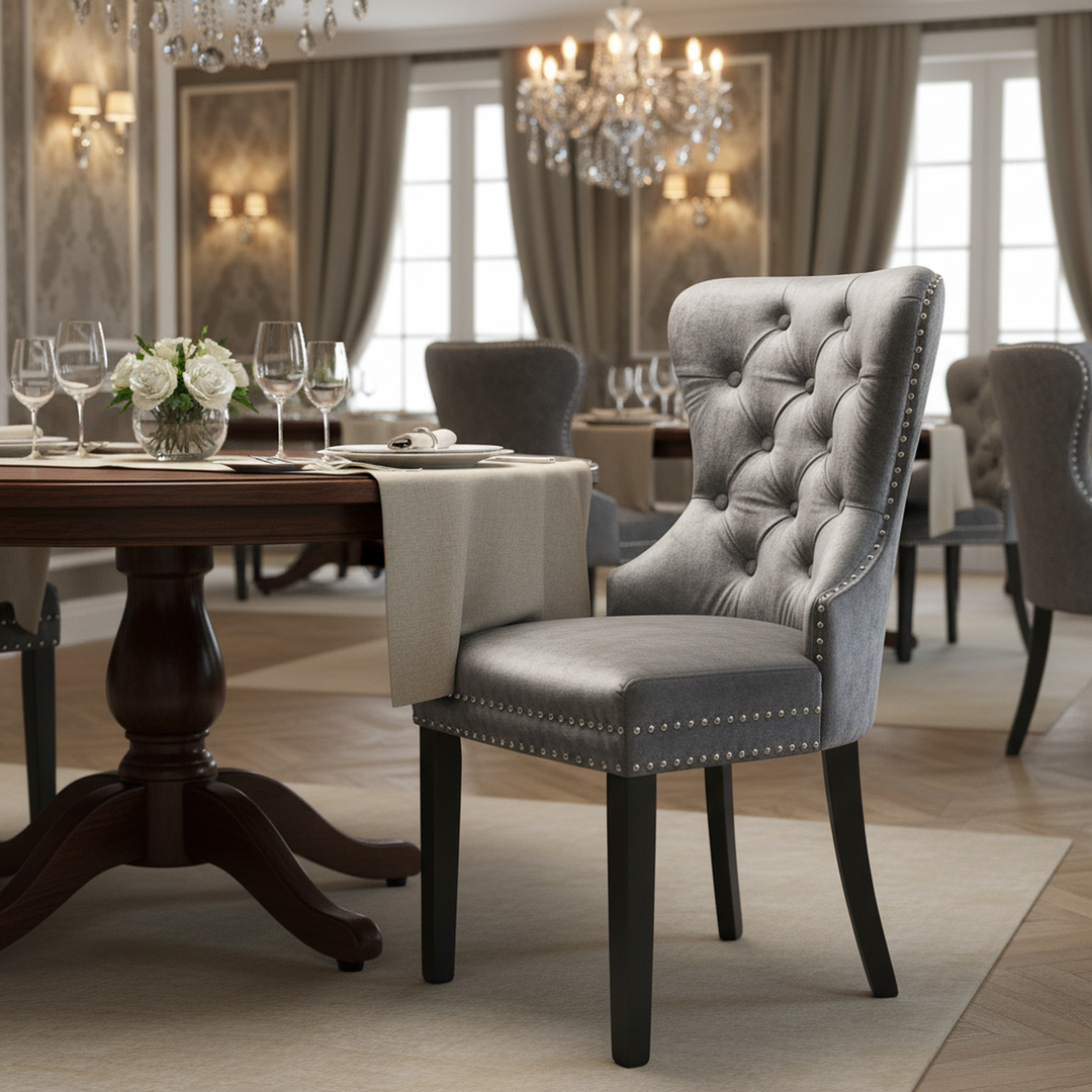 Set of 2 dark grey velvet upholstery button dining chairs with oak black legs with stud LEPROSE