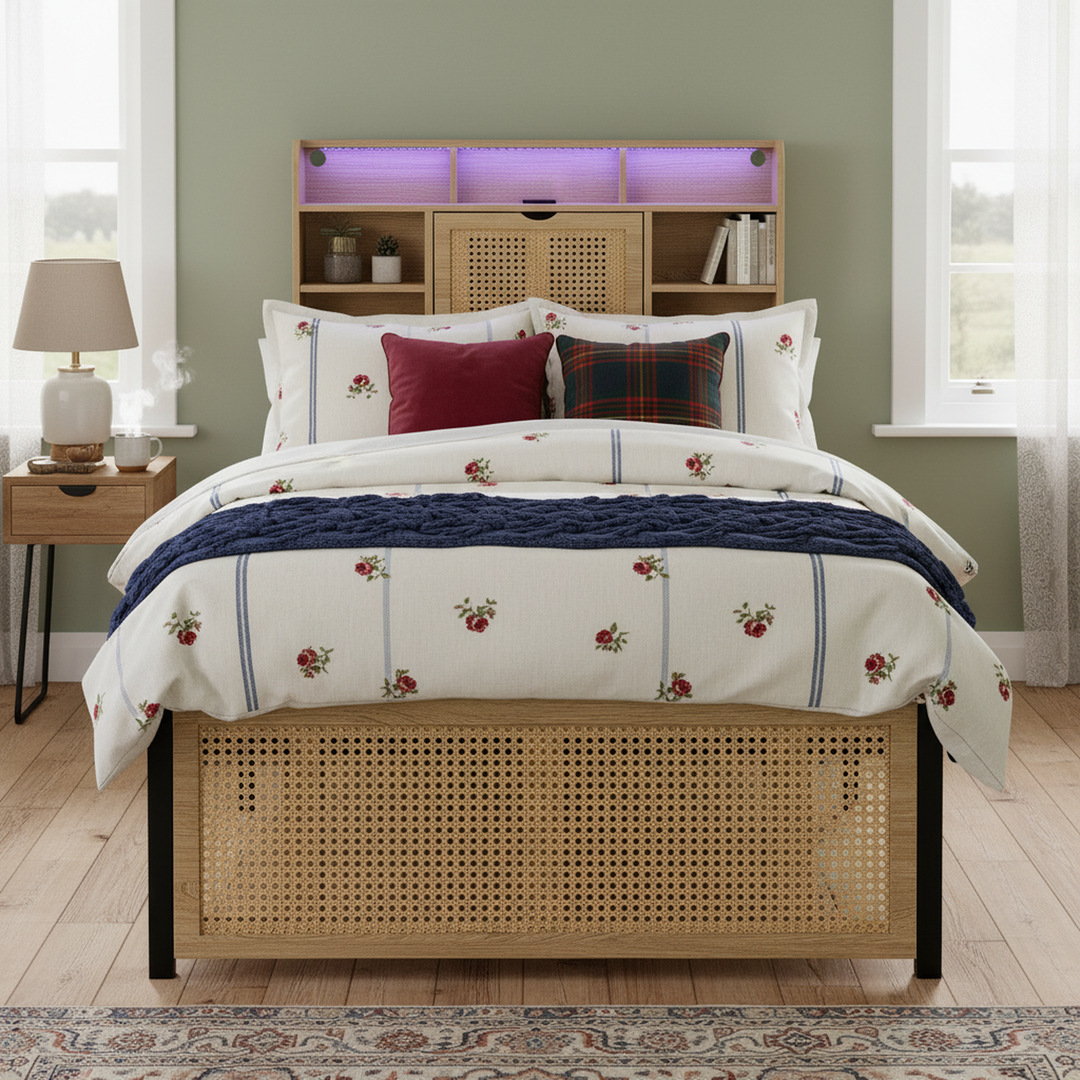 Wooden single bed with headboard storage, rattan drawer and LED lighting (90×190cm) GALLAPHID