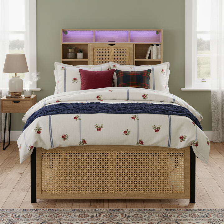 Wooden single bed with headboard storage, rattan drawer and LED lighting (90×190cm) GALLAPHID