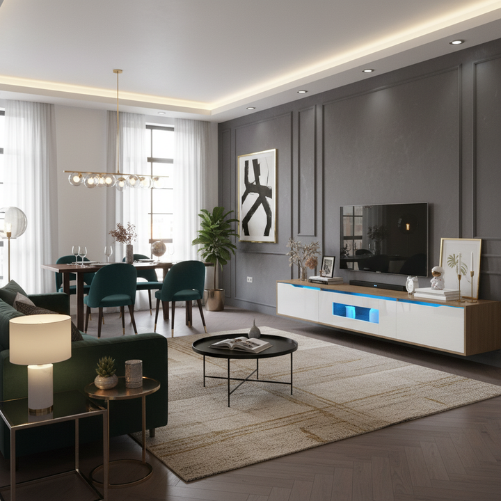 White high gloss suspended TV Stand with LED Light SHELZIDS UK