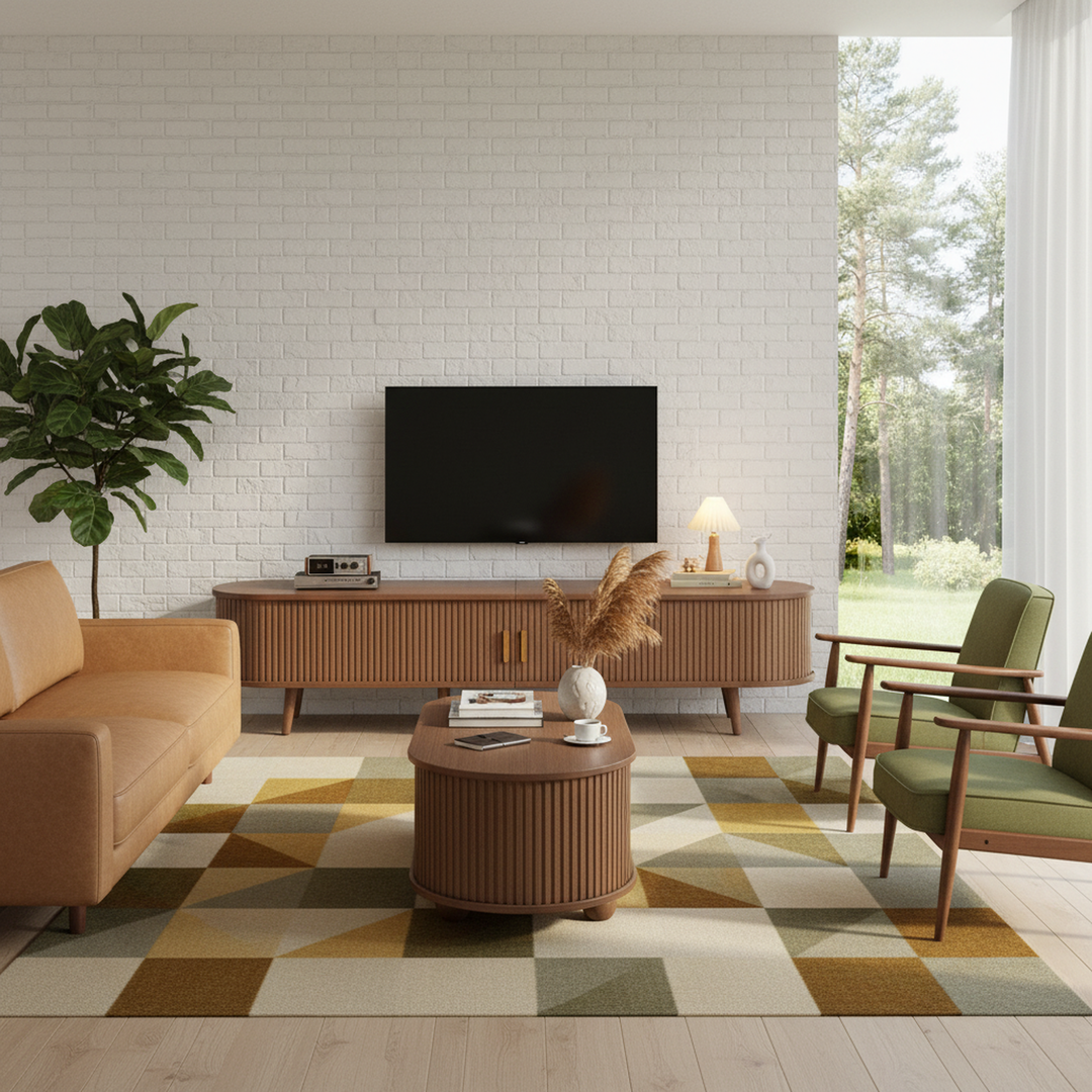 Retro walnut oval fluted TV stand with coffee table set with sliding doors MEALYBUG