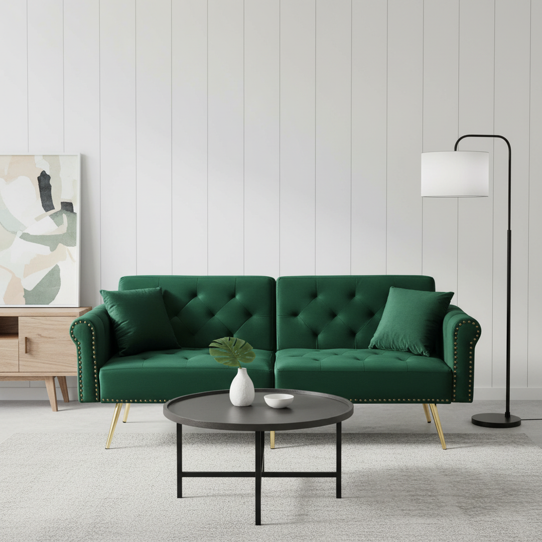 Green velvet 2-seater sofa bed with adjustable backrest and gold legs CAKDERA