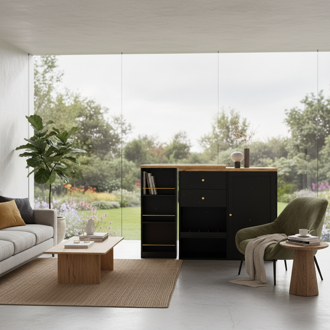 Wooden modern revolving black bar table storage OQUIX UK