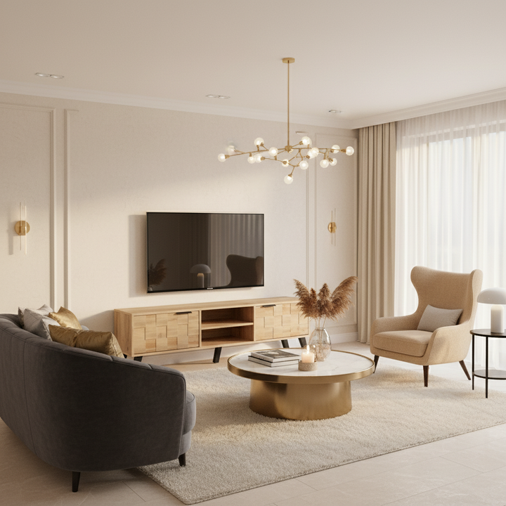 Vintage wood look TV stand with 2 doors and open shelves DECOMPOS