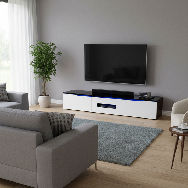 Black and white high gloss suspended TV Stand with LED lighting 180cm AMENSAL