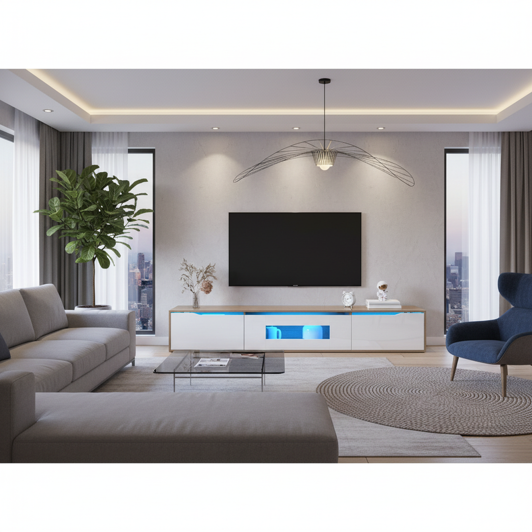 White high gloss suspended TV Stand with LED Light SHELZIDS UK