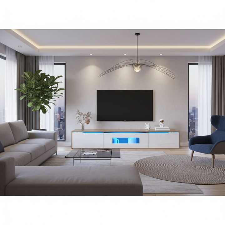 White high gloss suspended TV Stand with LED Light SHELZIDS UK