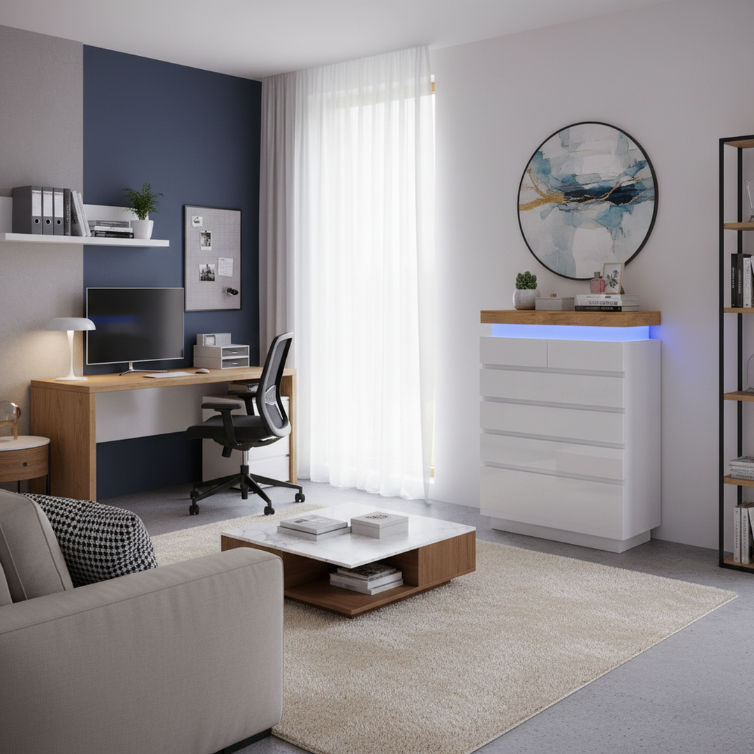 White high-gloss sideboard 2 doors 3 drawers with LED light 115x73x39cm QARKRUIN UK