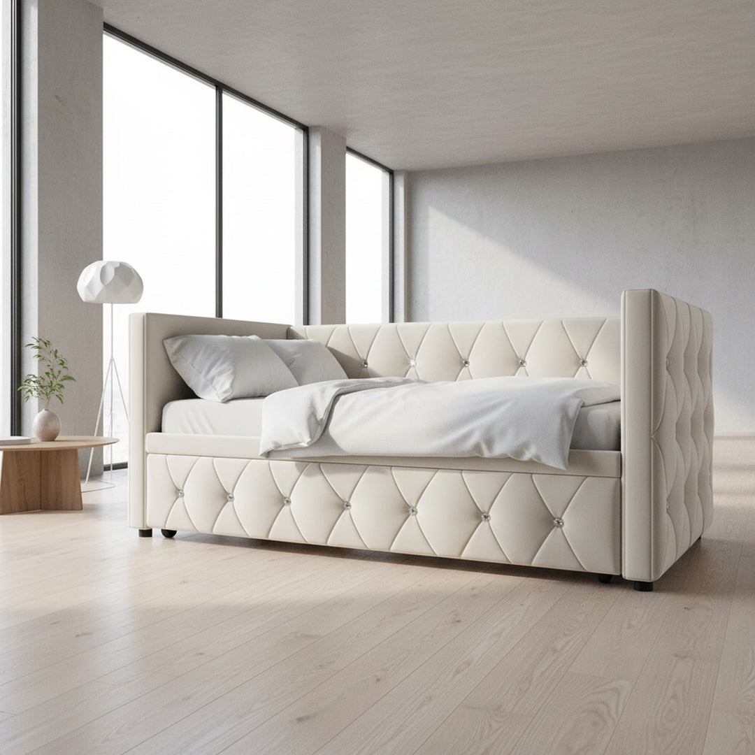 Beige velvet single upholstered guest day bed diamond design with trundle, USB charging STEKZEL BEIGE UK