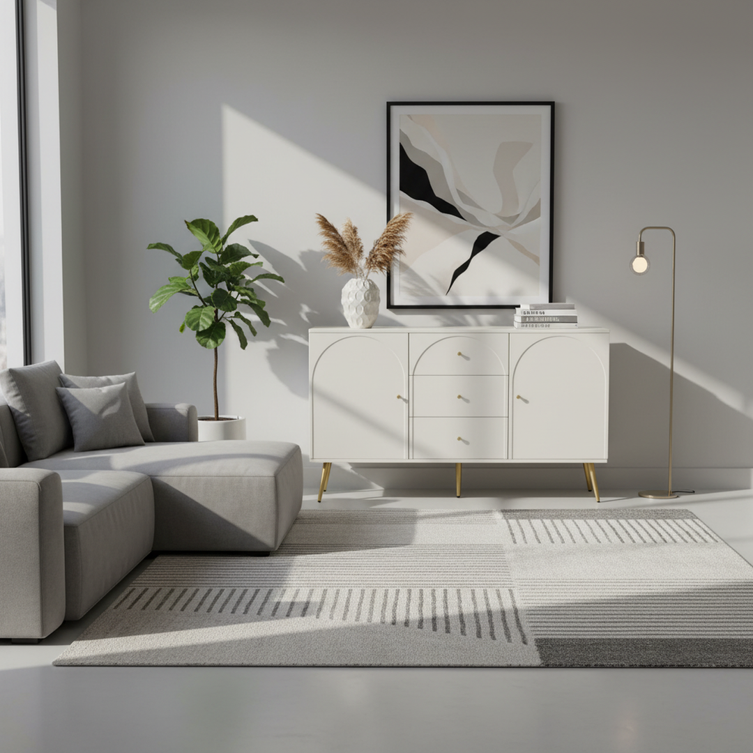 Cream ivory sideboard with gold accents with 2 doors and 3 drawers 40Dx140Wx84Hcm SENPHOS UK