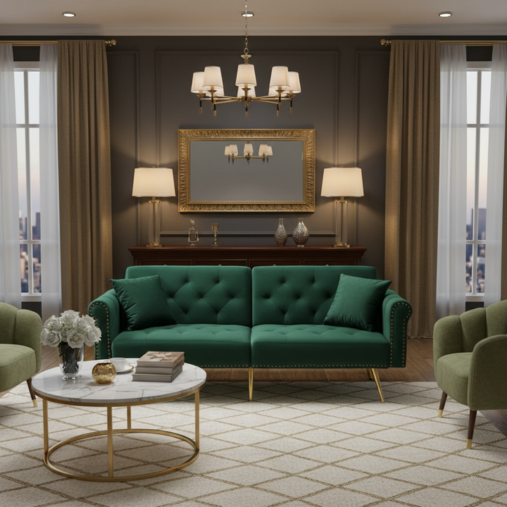Green velvet 2-seater sofa bed with adjustable backrest and gold legs CAKDERA