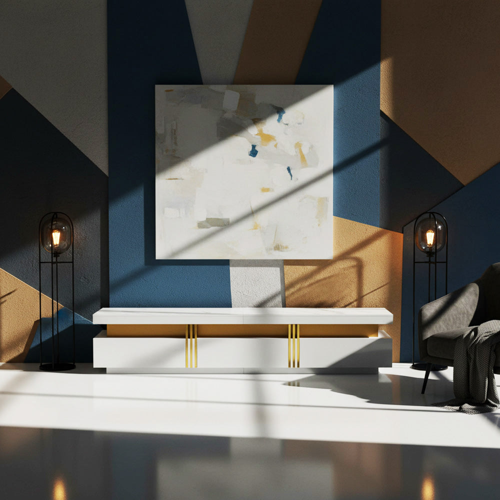 White marble pattern TV stand golden line luxury style 3 drawers VAALS UK