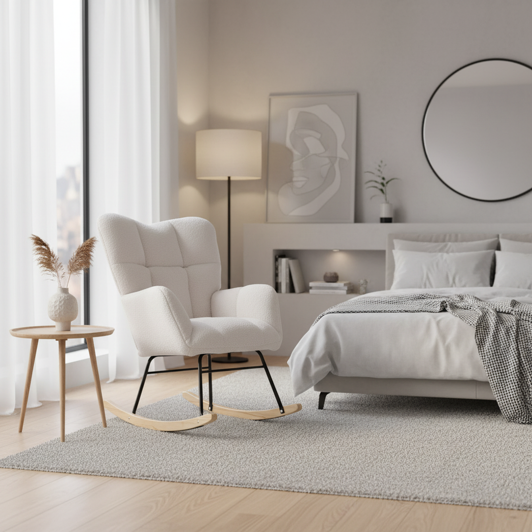 Ivory white teddy fabric tufted upholstered rocking chair SIHID UK