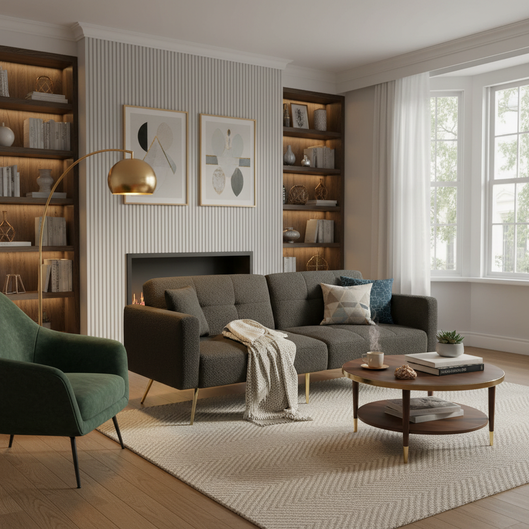 Dark grey sherpa 2-seater sofa bed with gold legs, cushions and side storage pockets VESPERA