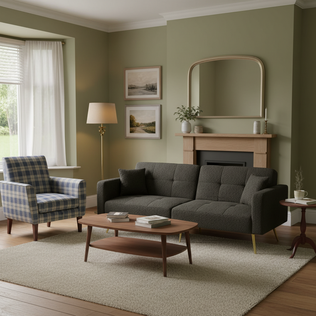 Dark grey sherpa 2-seater sofa bed with gold legs, cushions and side storage pockets VESPERA