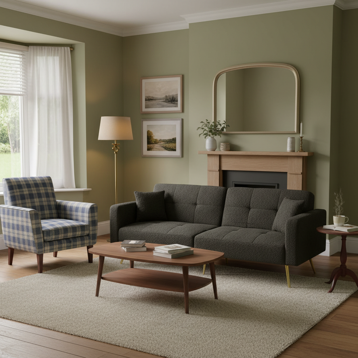 Dark grey sherpa 2-seater sofa bed with gold legs, cushions and side storage pockets VESPERA